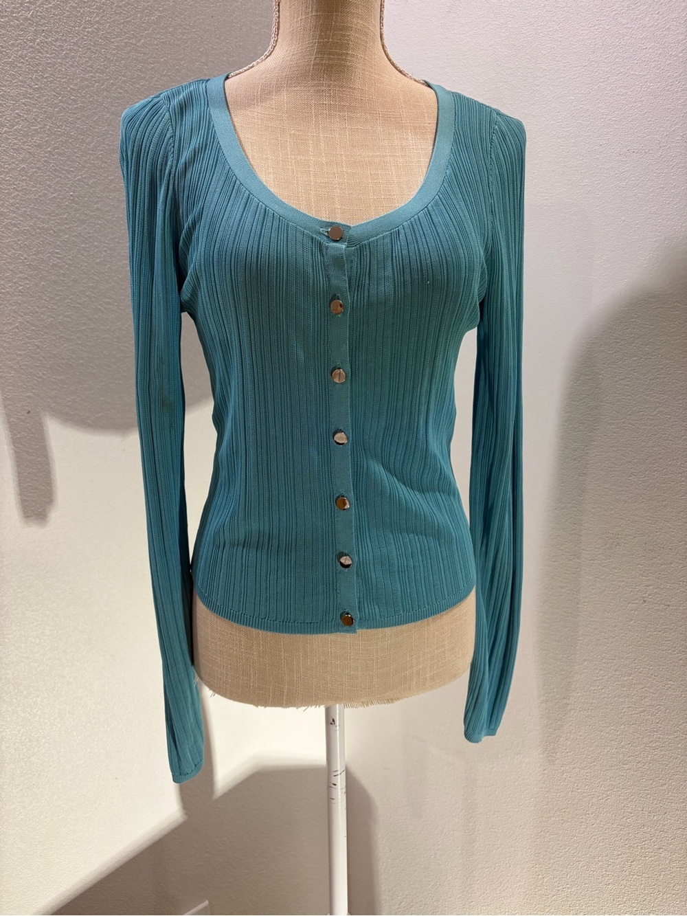 White House Black Market Teal Ribbed Button-Front Long Sleeve Top